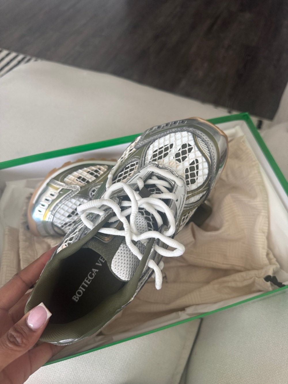 Bottega Veneta White, Olive & Gum Mesh Runner Sneaker